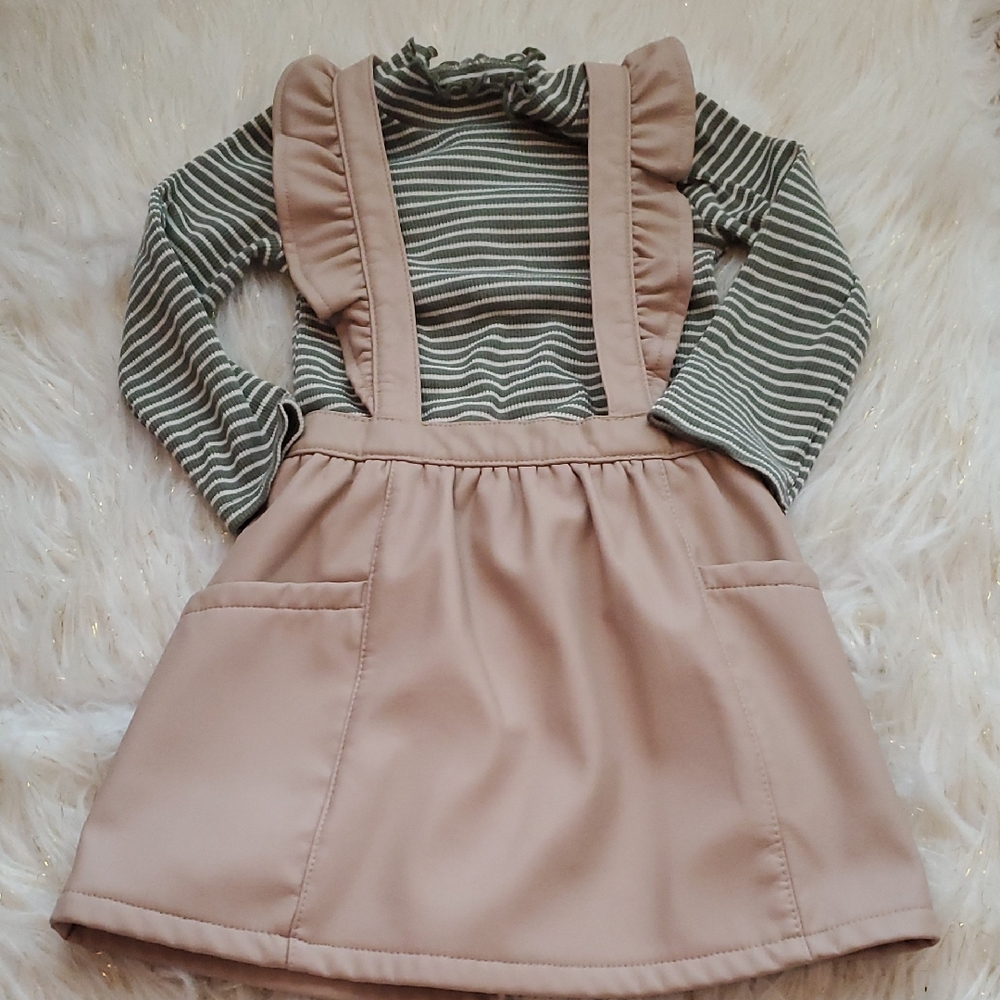 Girls Pink Pinafore Dress with Green Stripe Top
